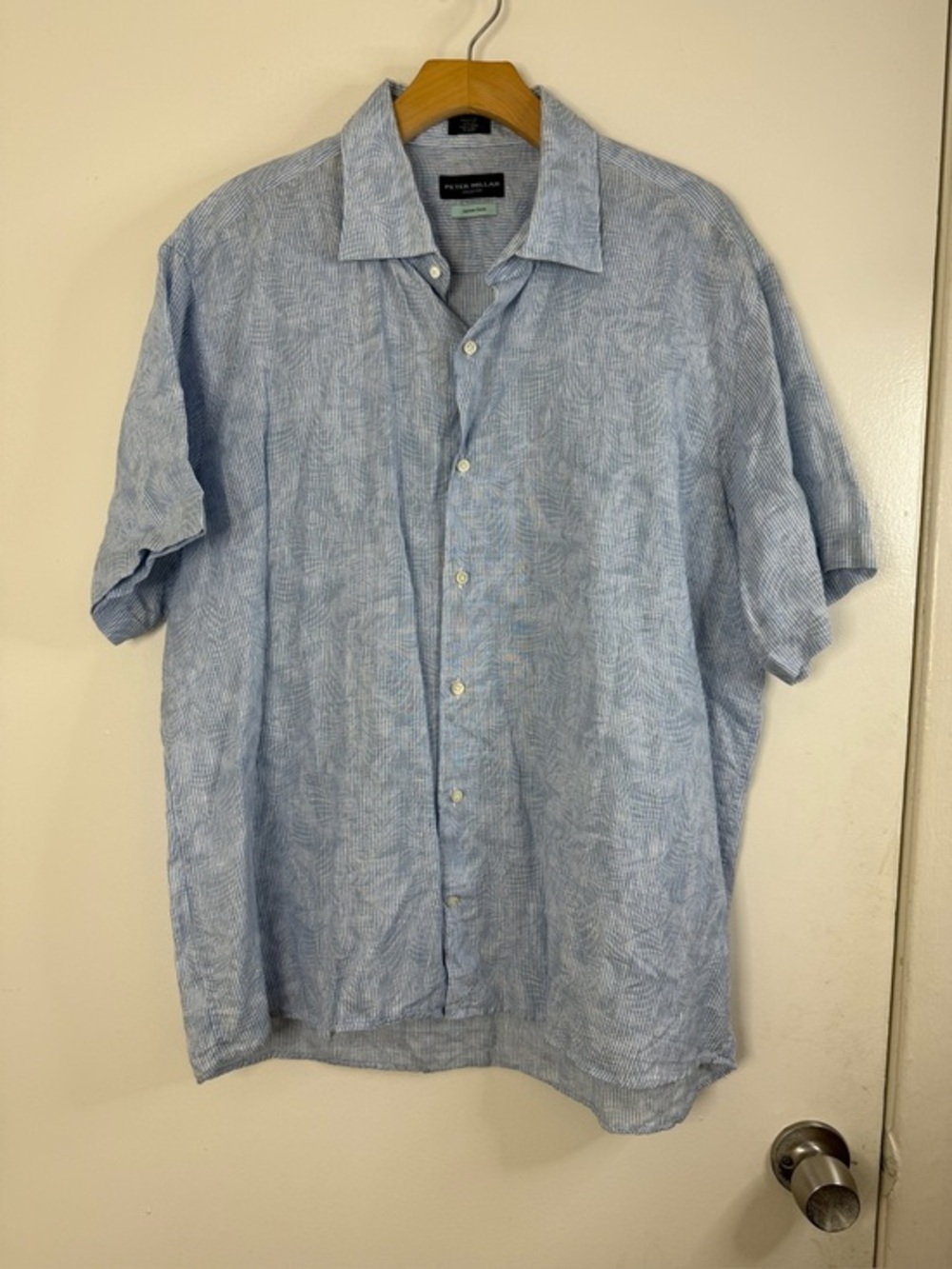 Peter Millar Japanese Denim, blue leaf pattern, short sleeve linen shirt XL